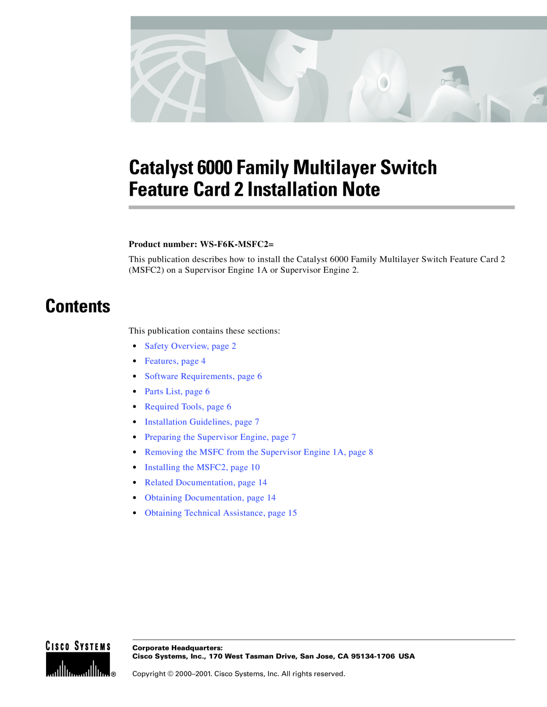 Cisco Systems WS-F6K-MSFC2 manual Contents, Catalyst 6000 Family Multilayer Switch, Feature Card 2 Installation Note 