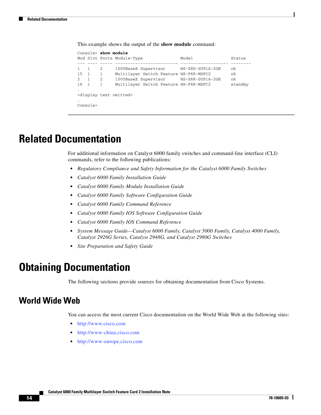 Cisco Systems WS-F6K-MSFC2 manual Related Documentation, Obtaining Documentation, World Wide Web 