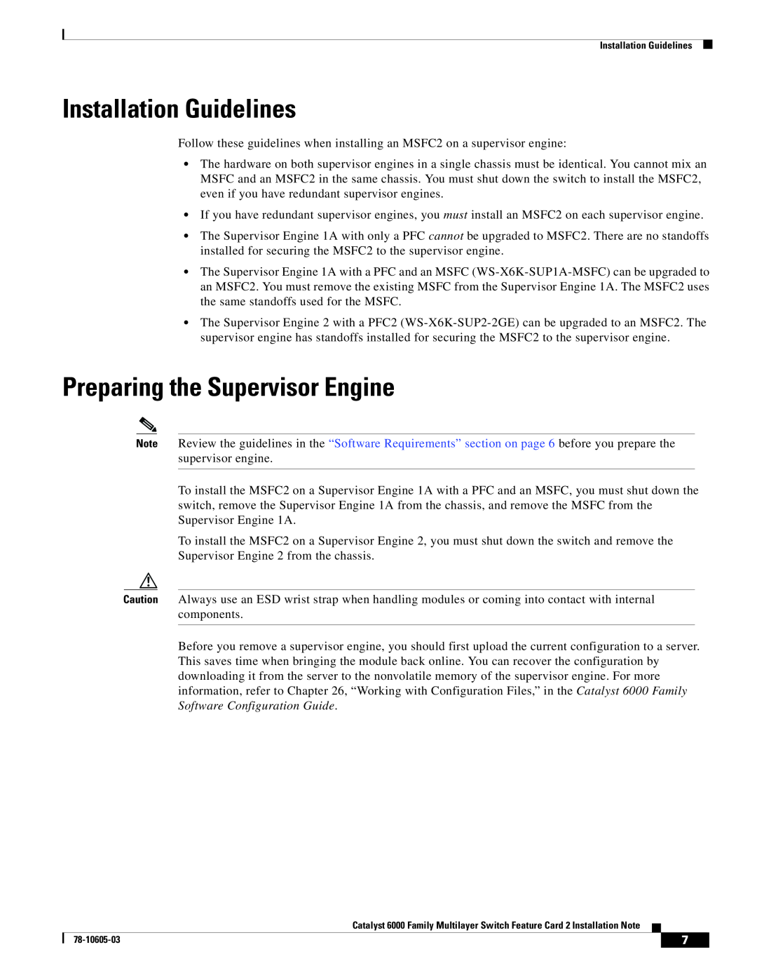 Cisco Systems WS-F6K-MSFC2 manual Installation Guidelines, Preparing the Supervisor Engine 