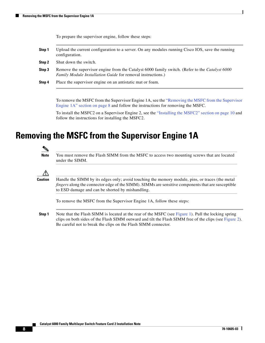 Cisco Systems WS-F6K-MSFC2 manual Removing the MSFC from the Supervisor Engine 1A 