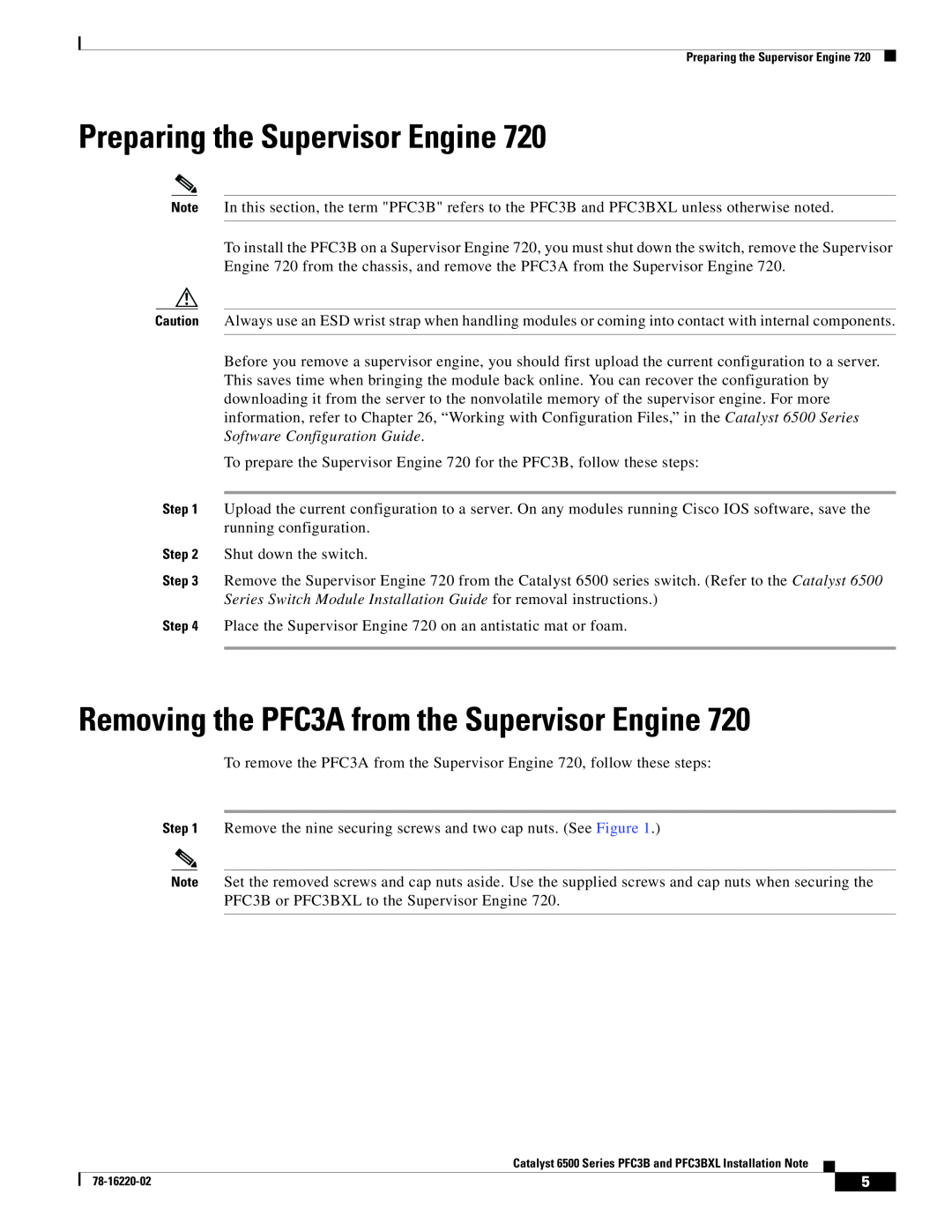 Cisco Systems WS-F6K-PFC3B= manual Preparing the Supervisor Engine, Removing the PFC3A from the Supervisor Engine 