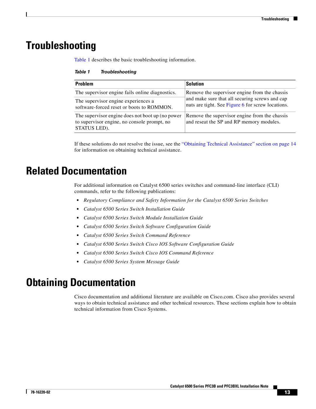 Cisco Systems WS-F6K-PFC3B=, WS-F6K-PFC3BXL= manual Troubleshooting, Related Documentation, Obtaining Documentation 