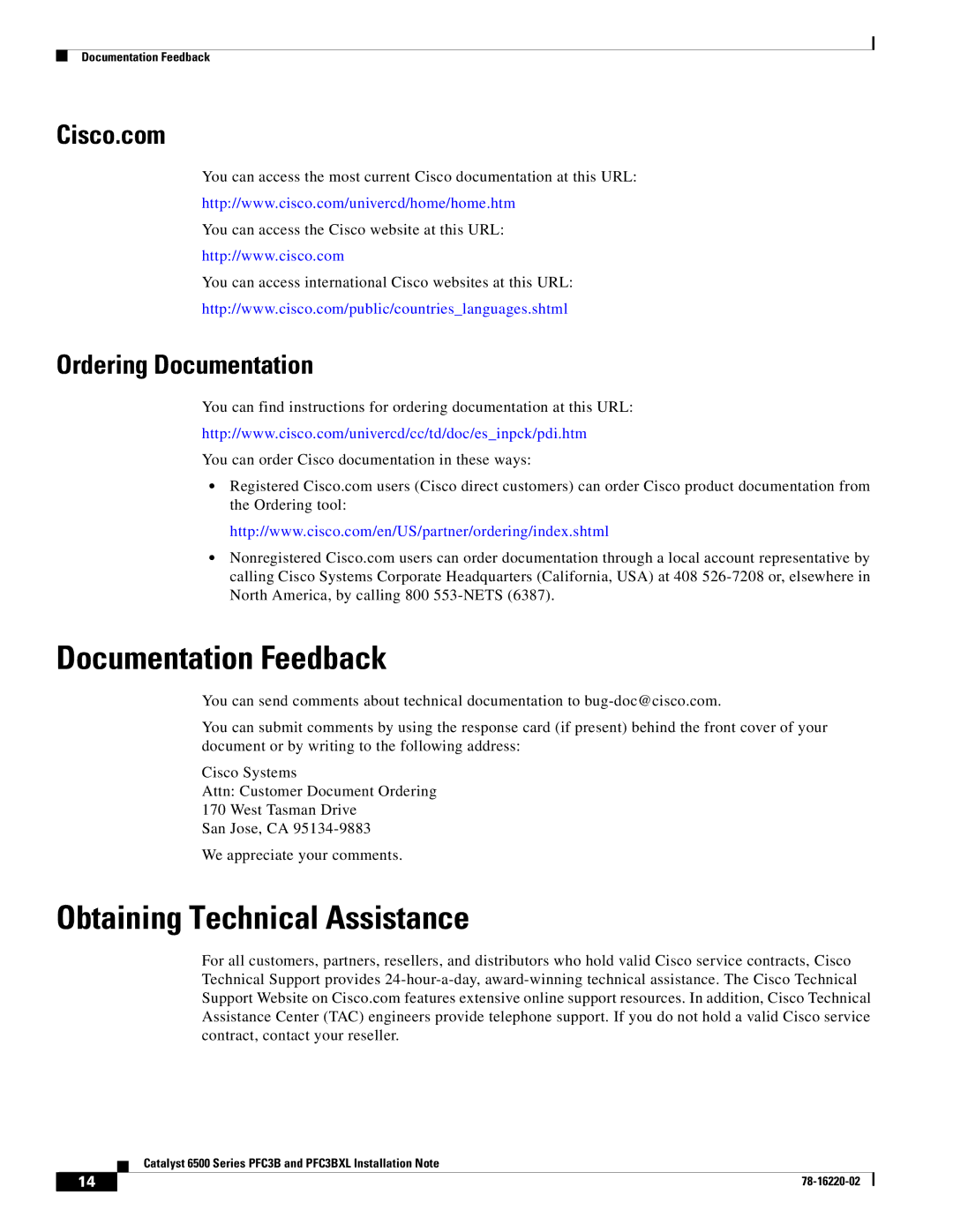 Cisco Systems WS-F6K-PFC3BXL=, WS-F6K-PFC3B= manual Documentation Feedback, Obtaining Technical Assistance 