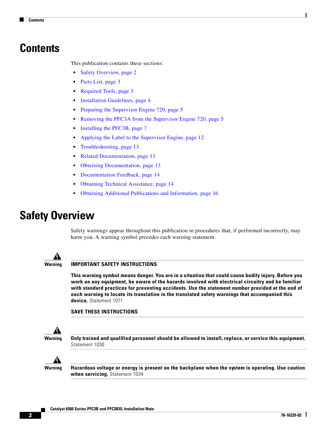 Cisco Systems WS-F6K-PFC3BXL=, WS-F6K-PFC3B= manual Contents, Safety Overview 