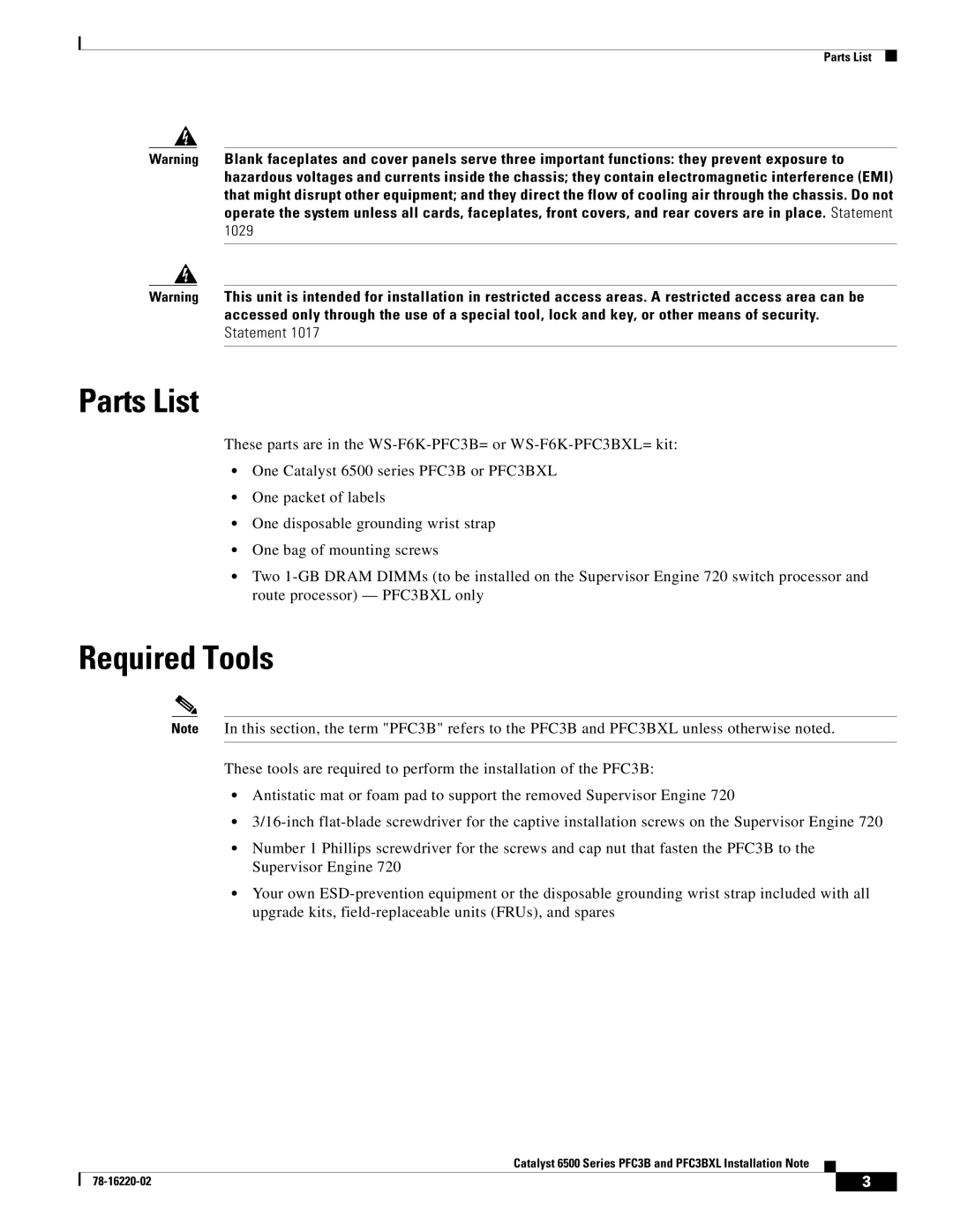 Cisco Systems WS-F6K-PFC3B=, WS-F6K-PFC3BXL= manual Parts List, Required Tools 