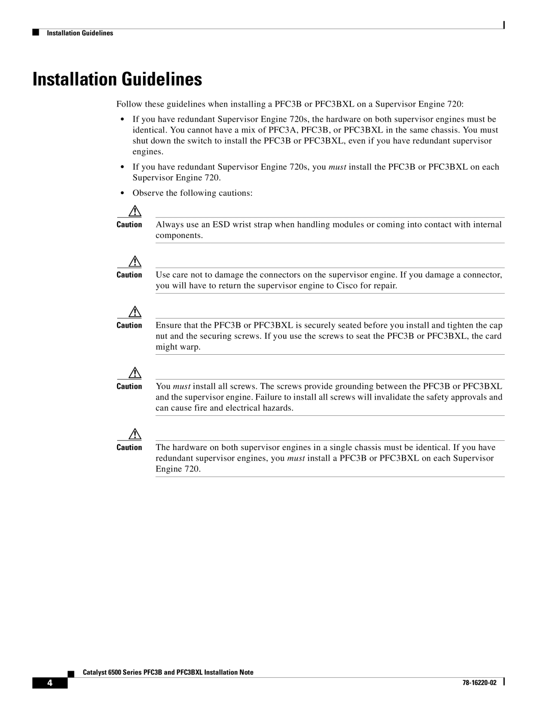 Cisco Systems WS-F6K-PFC3BXL=, WS-F6K-PFC3B= manual Installation Guidelines 