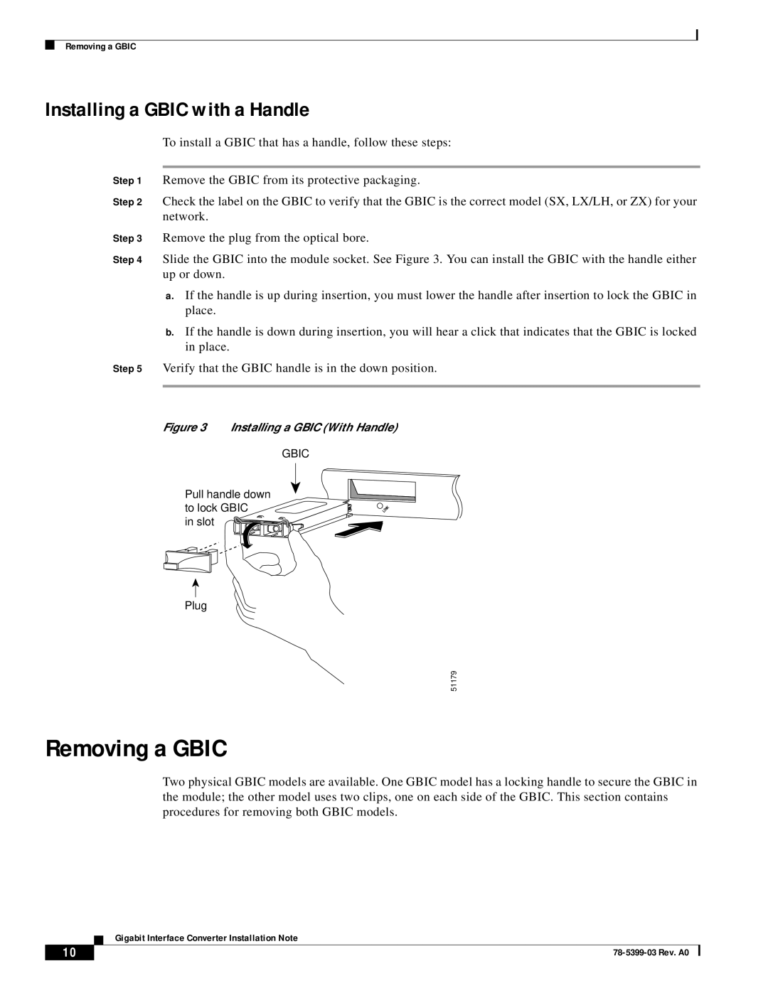 Cisco Systems WS-G5484, WS-G5487, WS-G5486 technical specifications Removing a Gbic, Installing a Gbic with a Handle 