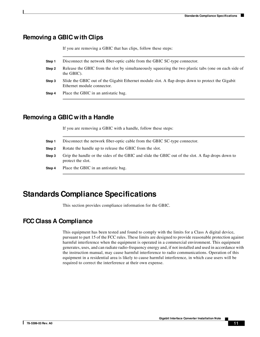 Cisco Systems WS-G5486 Standards Compliance Specifications, Removing a Gbic with Clips, Removing a Gbic with a Handle 