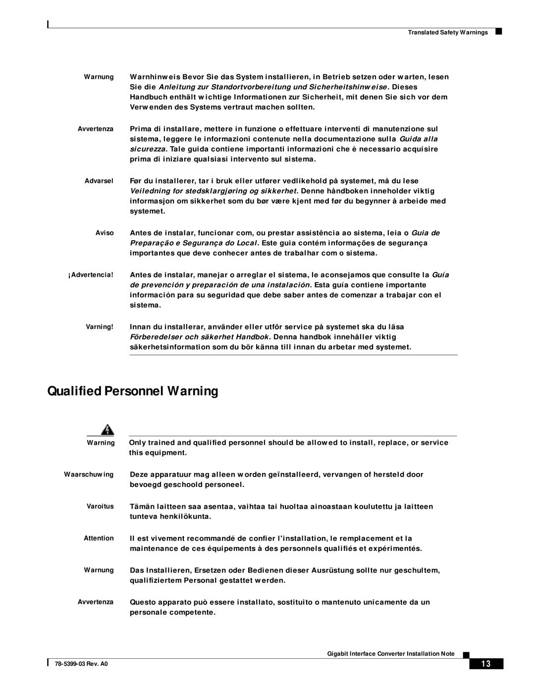 Cisco Systems WS-G5484, WS-G5487, WS-G5486 technical specifications Qualified Personnel Warning 