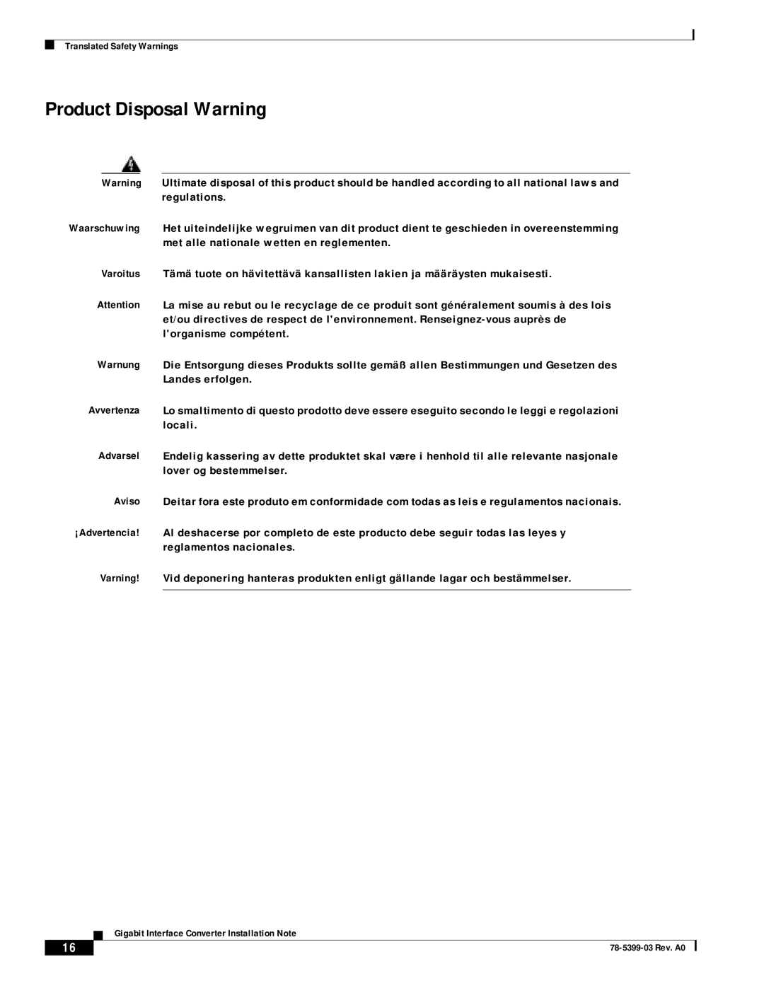 Cisco Systems WS-G5484, WS-G5487, WS-G5486 technical specifications Product Disposal Warning 