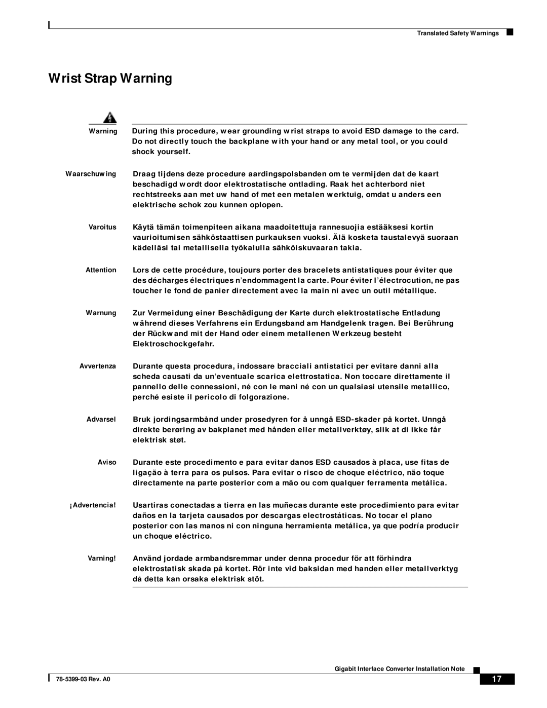 Cisco Systems WS-G5486, WS-G5487, WS-G5484 technical specifications Wrist Strap Warning 