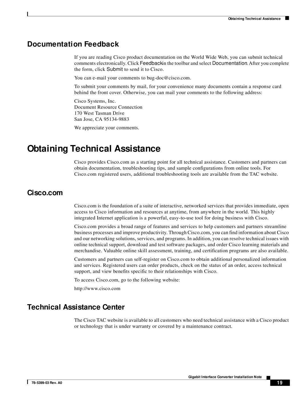 Cisco Systems WS-G5484 Obtaining Technical Assistance, Documentation Feedback, Cisco.com, Technical Assistance Center 