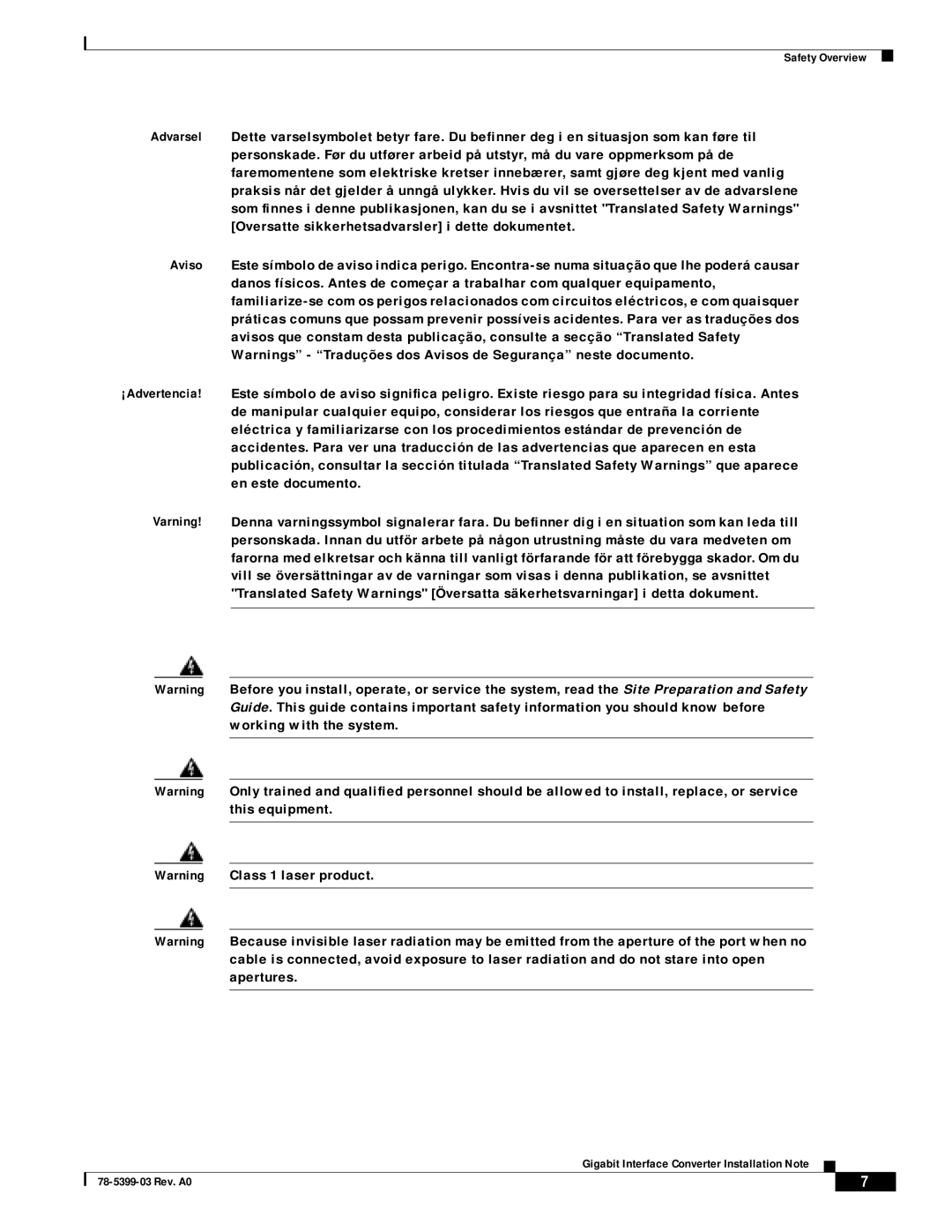 Cisco Systems WS-G5484, WS-G5487, WS-G5486 technical specifications Safety Overview 