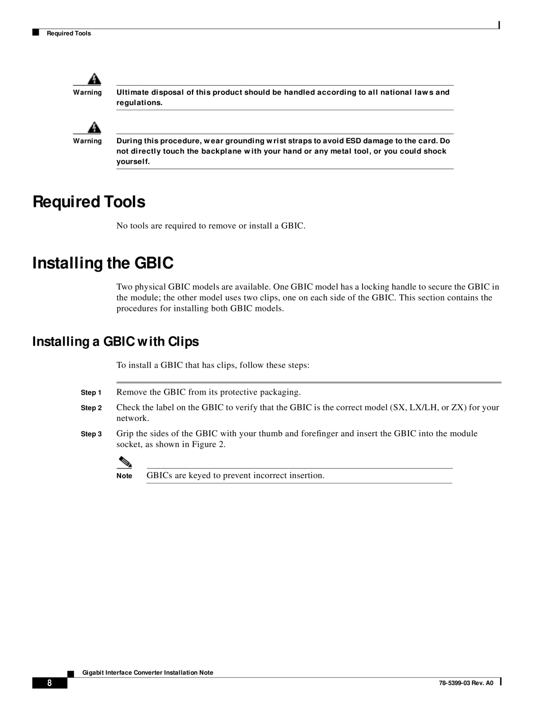 Cisco Systems WS-G5486, WS-G5487, WS-G5484 Required Tools, Installing the Gbic, Installing a Gbic with Clips 