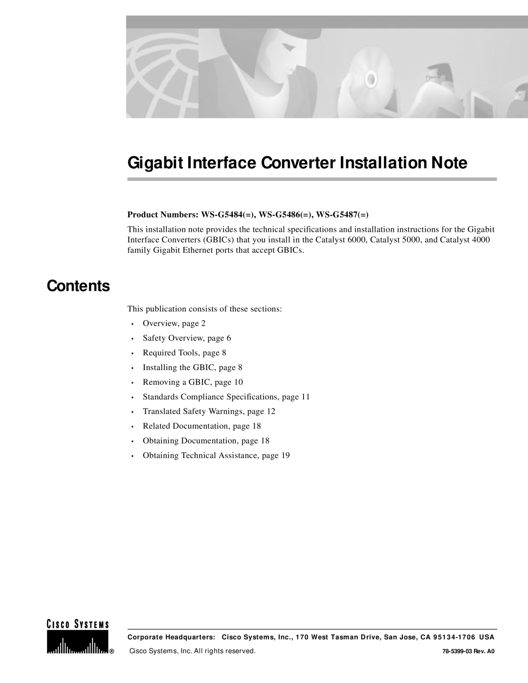 Cisco Systems WS-G5484, WS-G5487, WS-G5486 technical specifications Contents, Gigabit Interface Converter Installation Note 