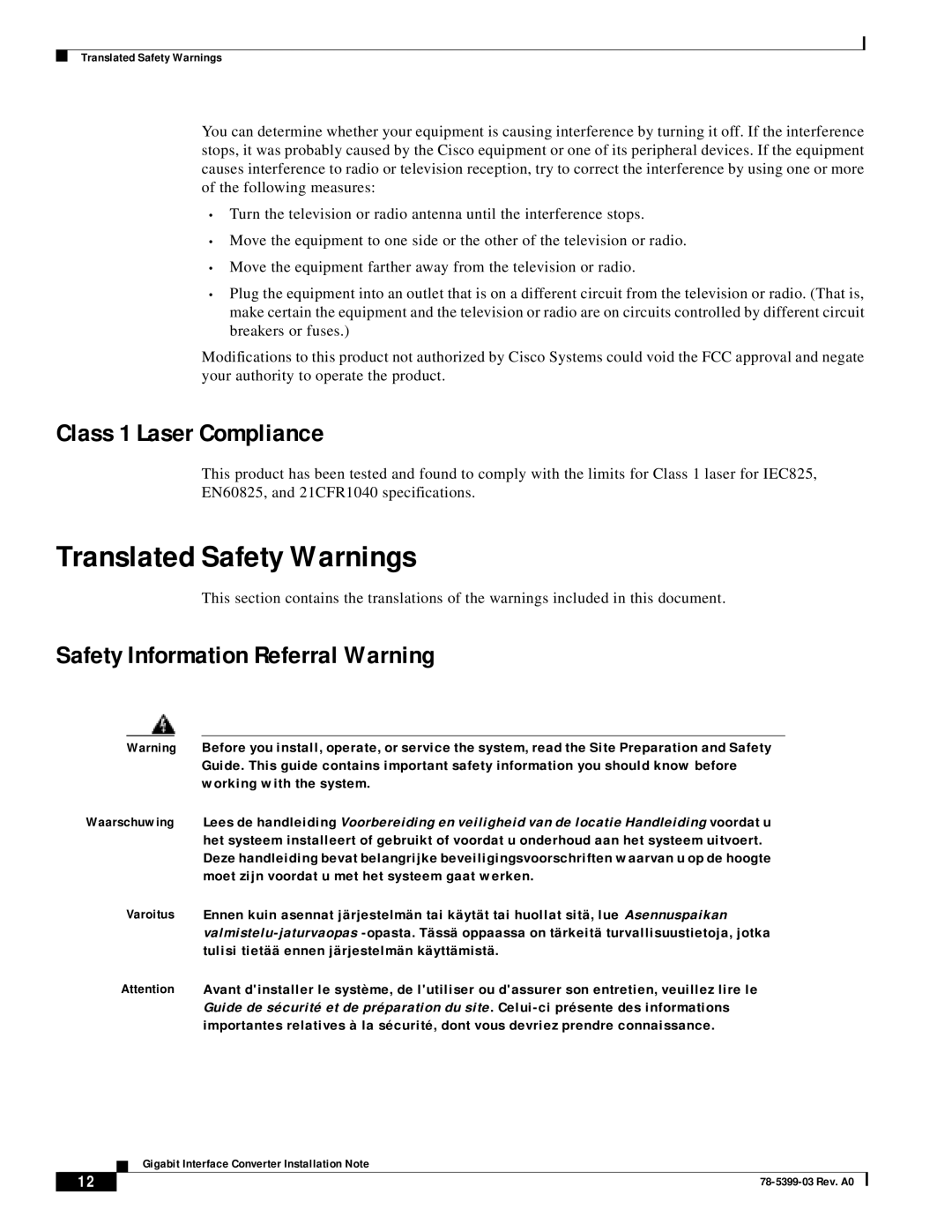 Cisco Systems WS-G5487, WS-G5484 Translated Safety Warnings, Class 1 Laser Compliance, Safety Information Referral Warning 