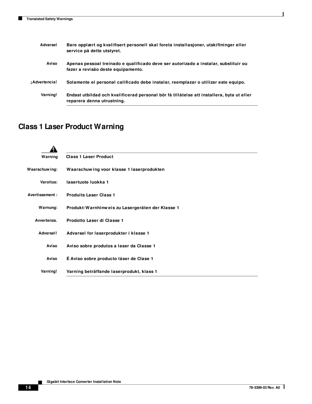 Cisco Systems WS-G5486, WS-G5487, WS-G5484 technical specifications Class 1 Laser Product Warning 