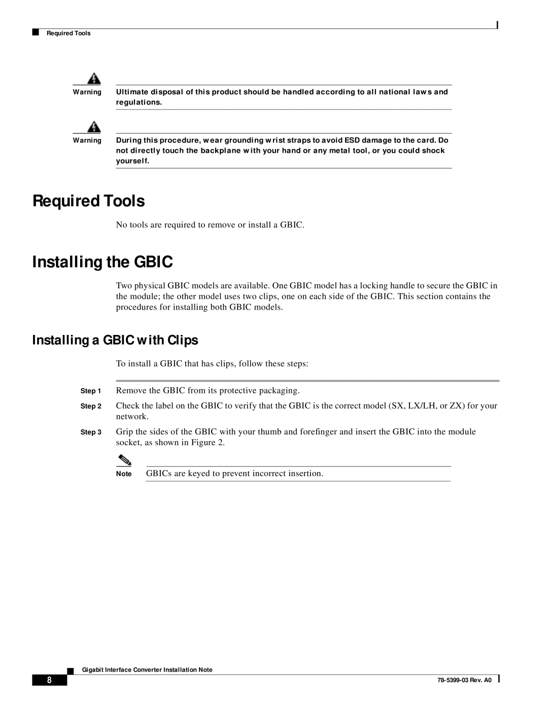 Cisco Systems WS-G5486, WS-G5487, WS-G5484 Required Tools, Installing the GBIC, Installing a GBIC with Clips 