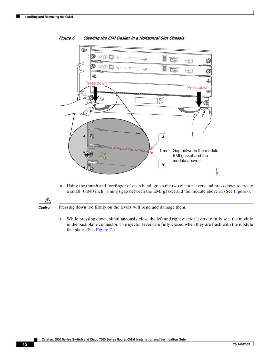 Cisco Systems WS-SVC-CMM manual Clearing the EMI Gasket in a Horizontal Slot Chassis 