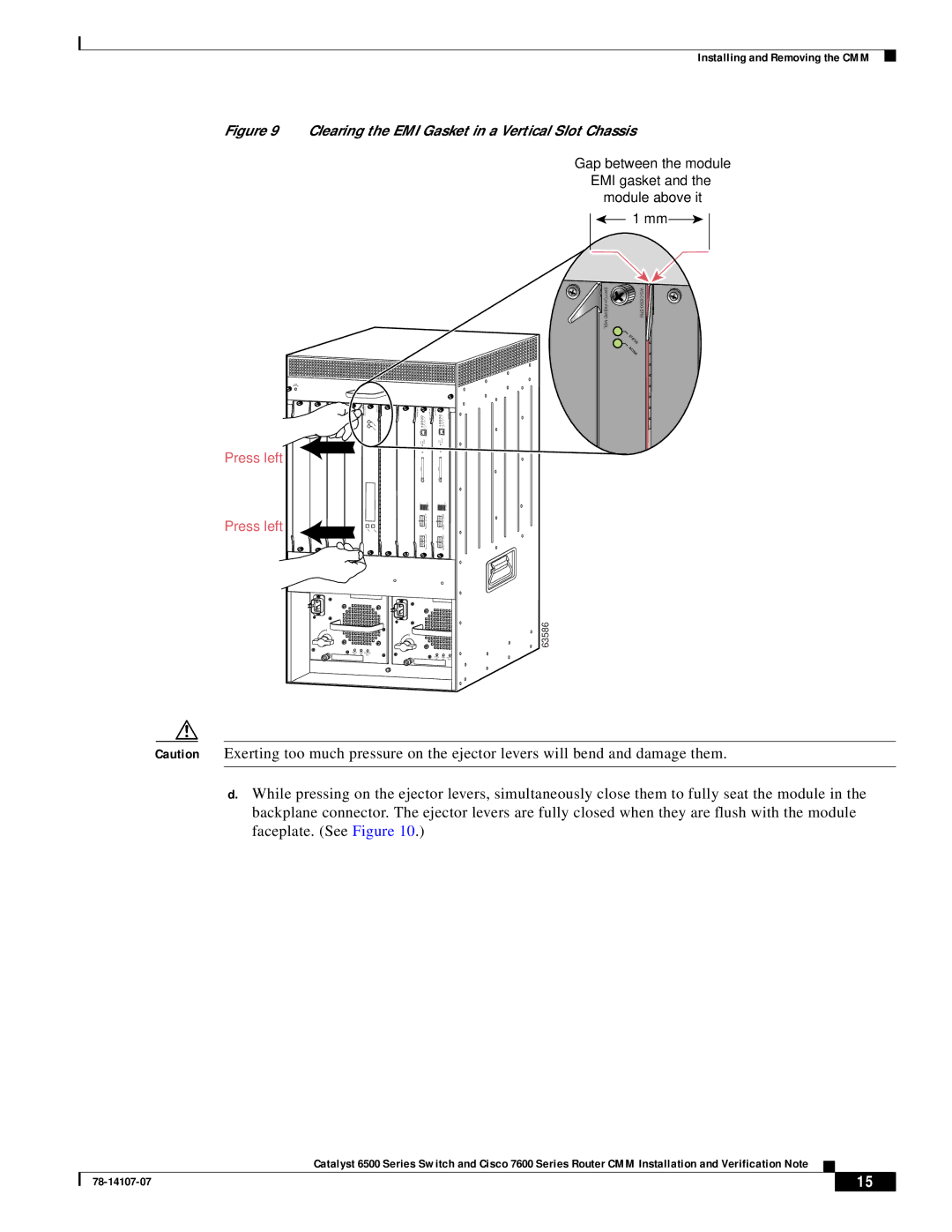 Cisco Systems WS-SVC-CMM manual Clearing the EMI Gasket in a Vertical Slot Chassis 