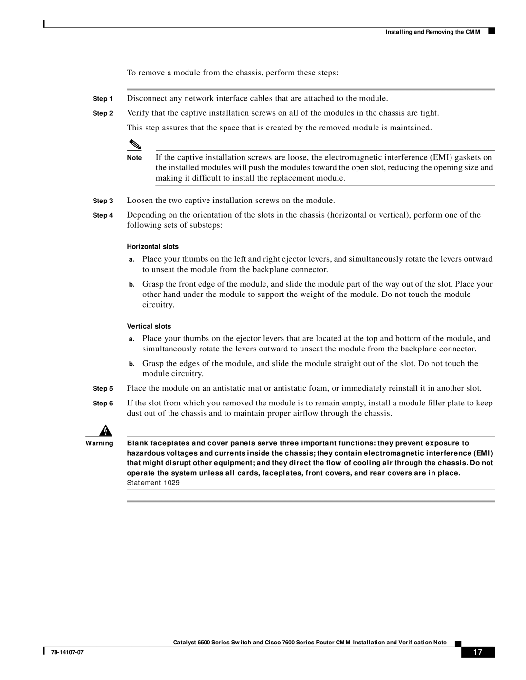 Cisco Systems WS-SVC-CMM manual Horizontal slots 