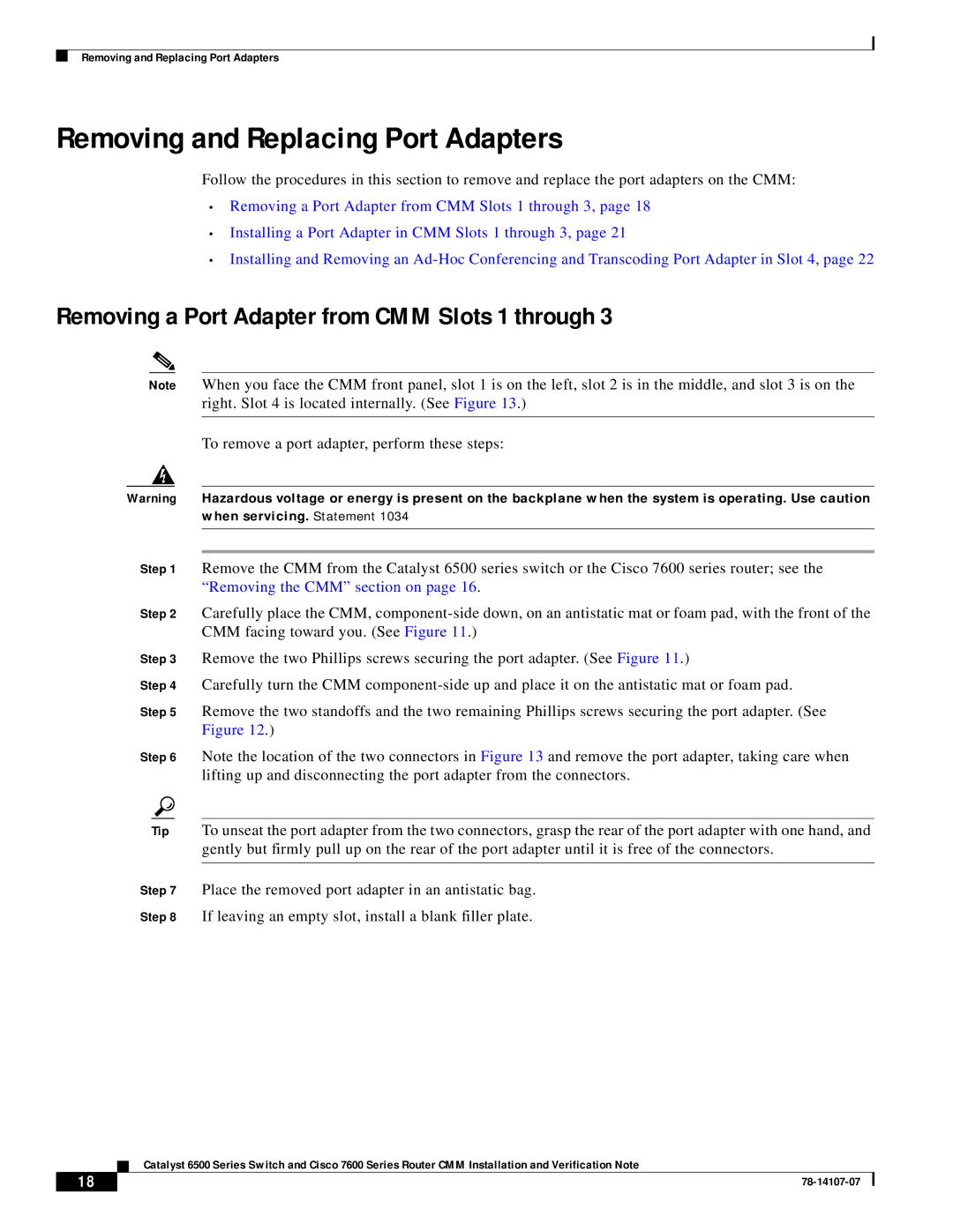 Cisco Systems WS-SVC-CMM manual Removing and Replacing Port Adapters, Removing a Port Adapter from CMM Slots 1 through 