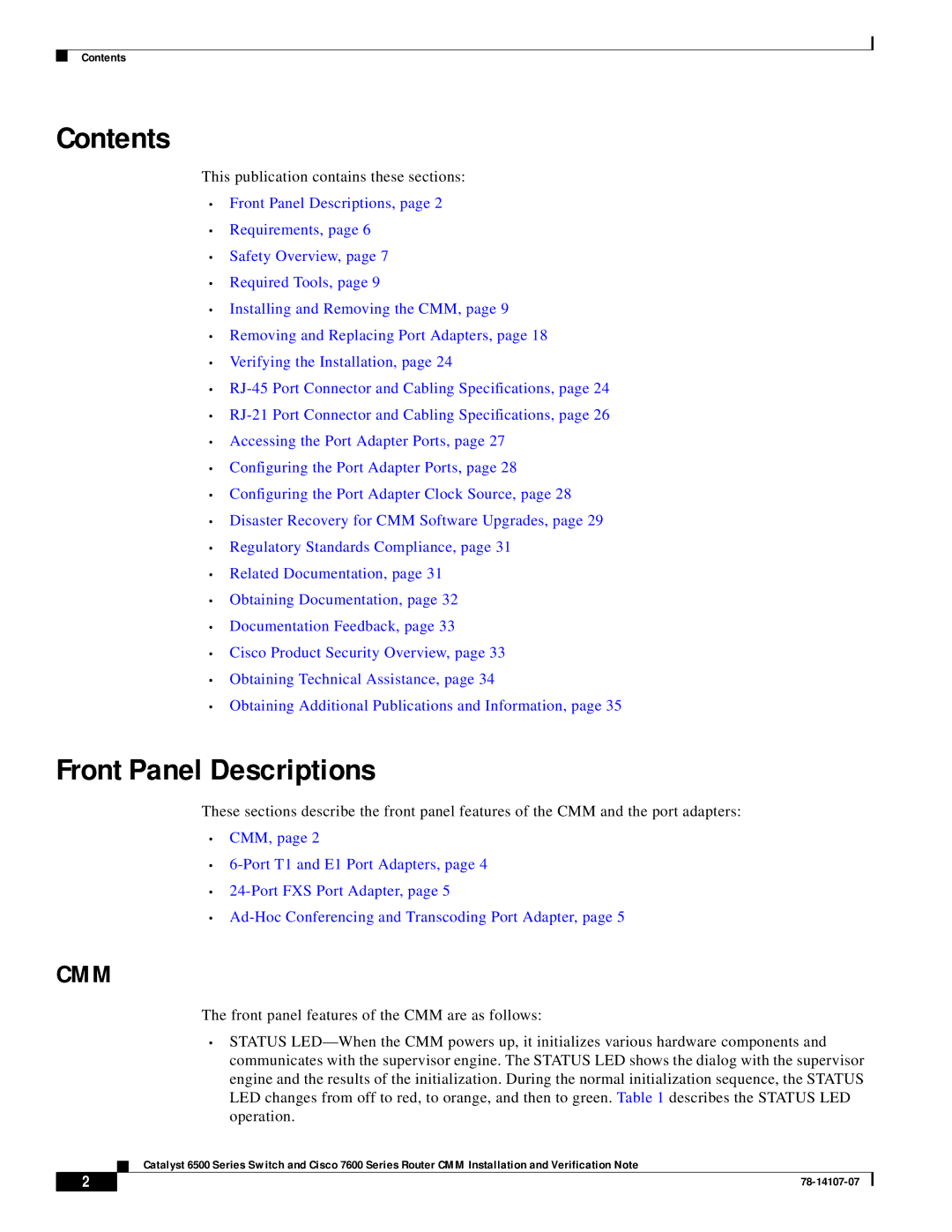 Cisco Systems WS-SVC-CMM manual Contents, Front Panel Descriptions 