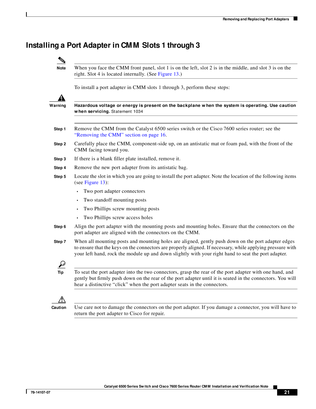 Cisco Systems WS-SVC-CMM manual Installing a Port Adapter in CMM Slots 1 through 