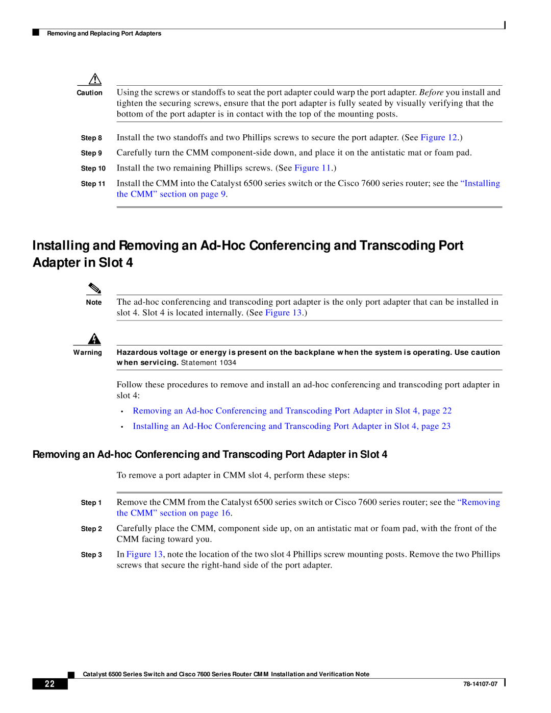 Cisco Systems WS-SVC-CMM manual Removing and Replacing Port Adapters 