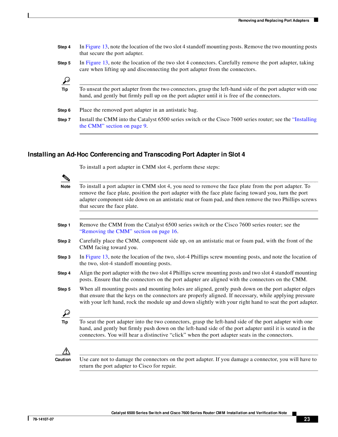 Cisco Systems WS-SVC-CMM manual Removing and Replacing Port Adapters 