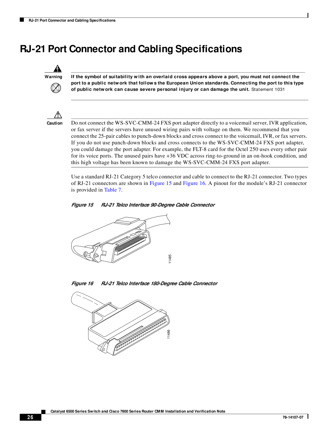 Cisco Systems WS-SVC-CMM RJ-21 Port Connector and Cabling Specifications, RJ-21 Telco Interface 90-Degree Cable Connector 