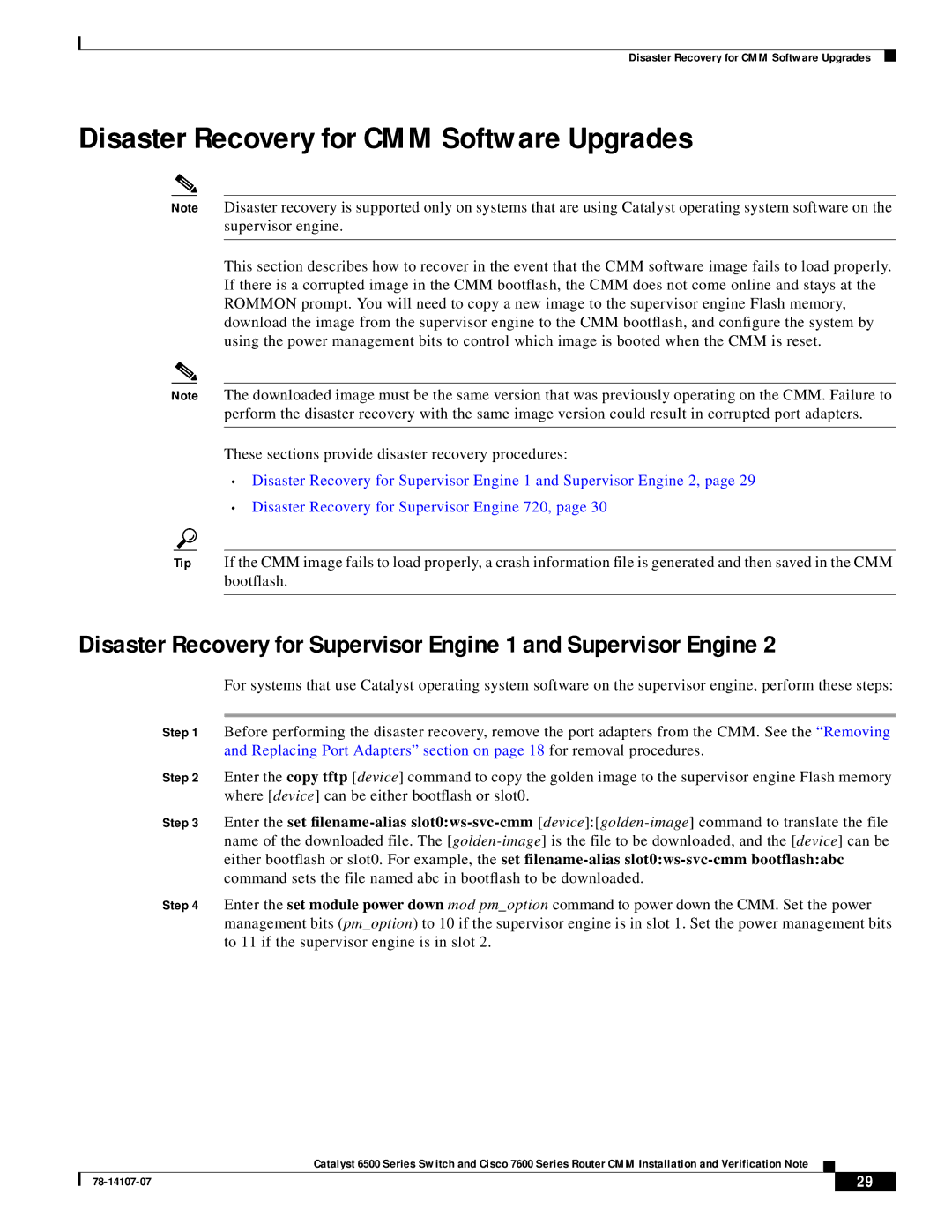 Cisco Systems WS-SVC-CMM manual Disaster Recovery for CMM Software Upgrades 