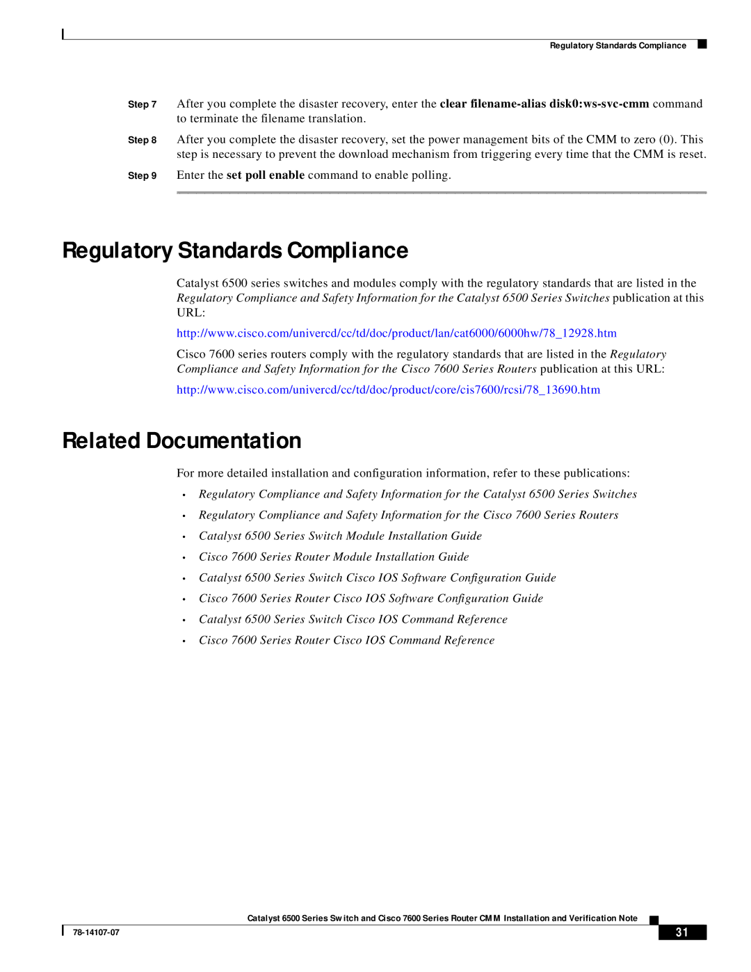 Cisco Systems WS-SVC-CMM manual Regulatory Standards Compliance, Related Documentation 