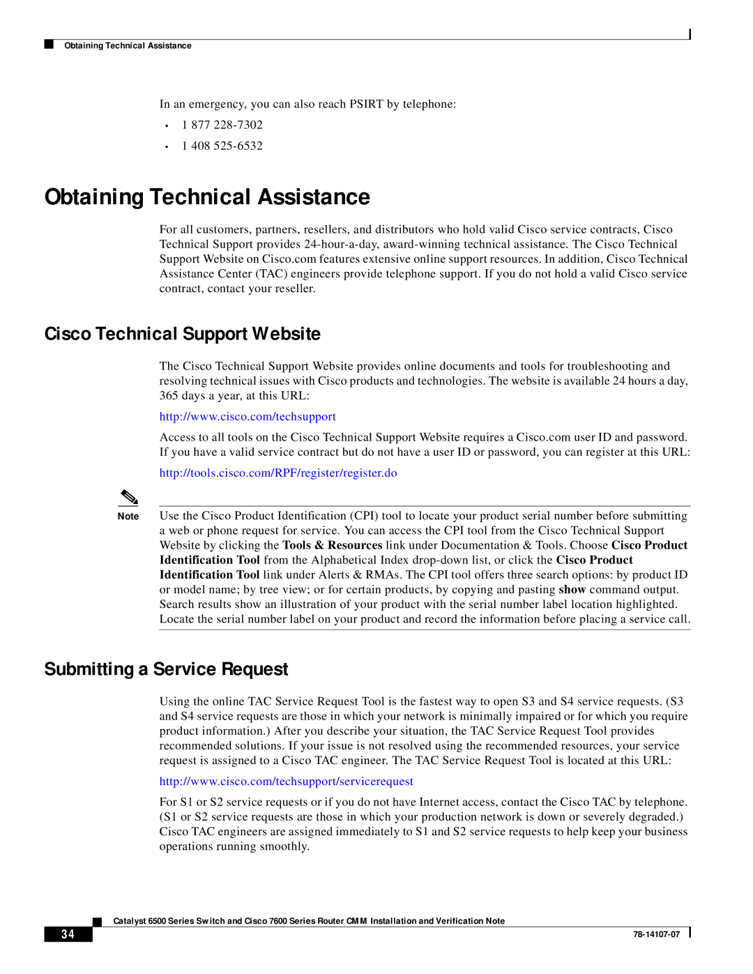 Cisco Systems WS-SVC-CMM Obtaining Technical Assistance, Cisco Technical Support Website, Submitting a Service Request 