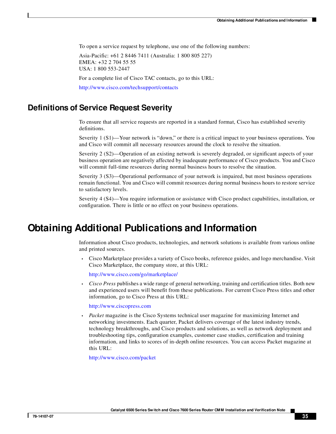 Cisco Systems WS-SVC-CMM manual Obtaining Additional Publications and Information, Definitions of Service Request Severity 