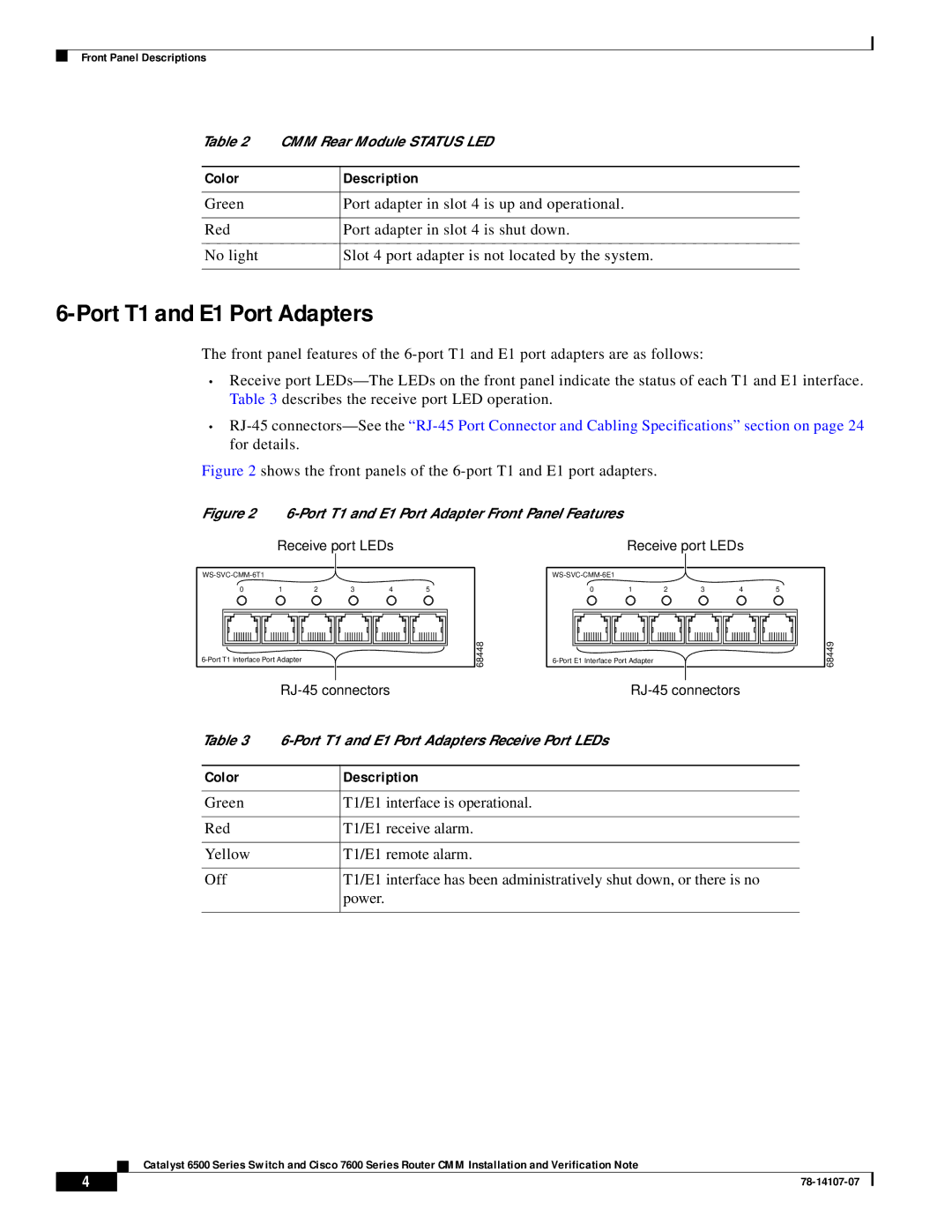 Cisco Systems WS-SVC-CMM manual Port T1 and E1 Port Adapters, RJ-45 Port Connector and Cabling Specifications section on 