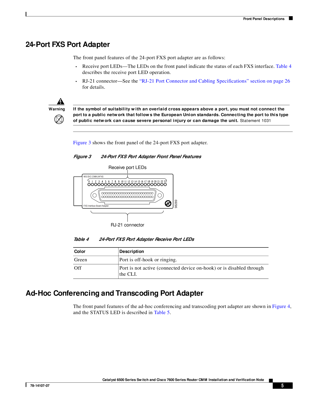 Cisco Systems WS-SVC-CMM manual Port FXS Port Adapter, Ad-Hoc Conferencing and Transcoding Port Adapter 