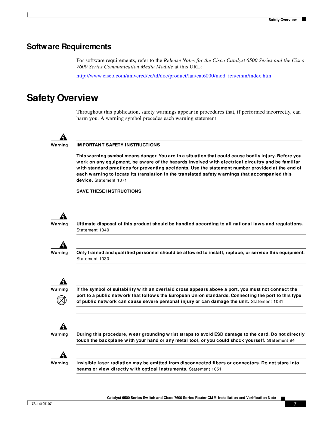 Cisco Systems WS-SVC-CMM manual Safety Overview, Software Requirements 