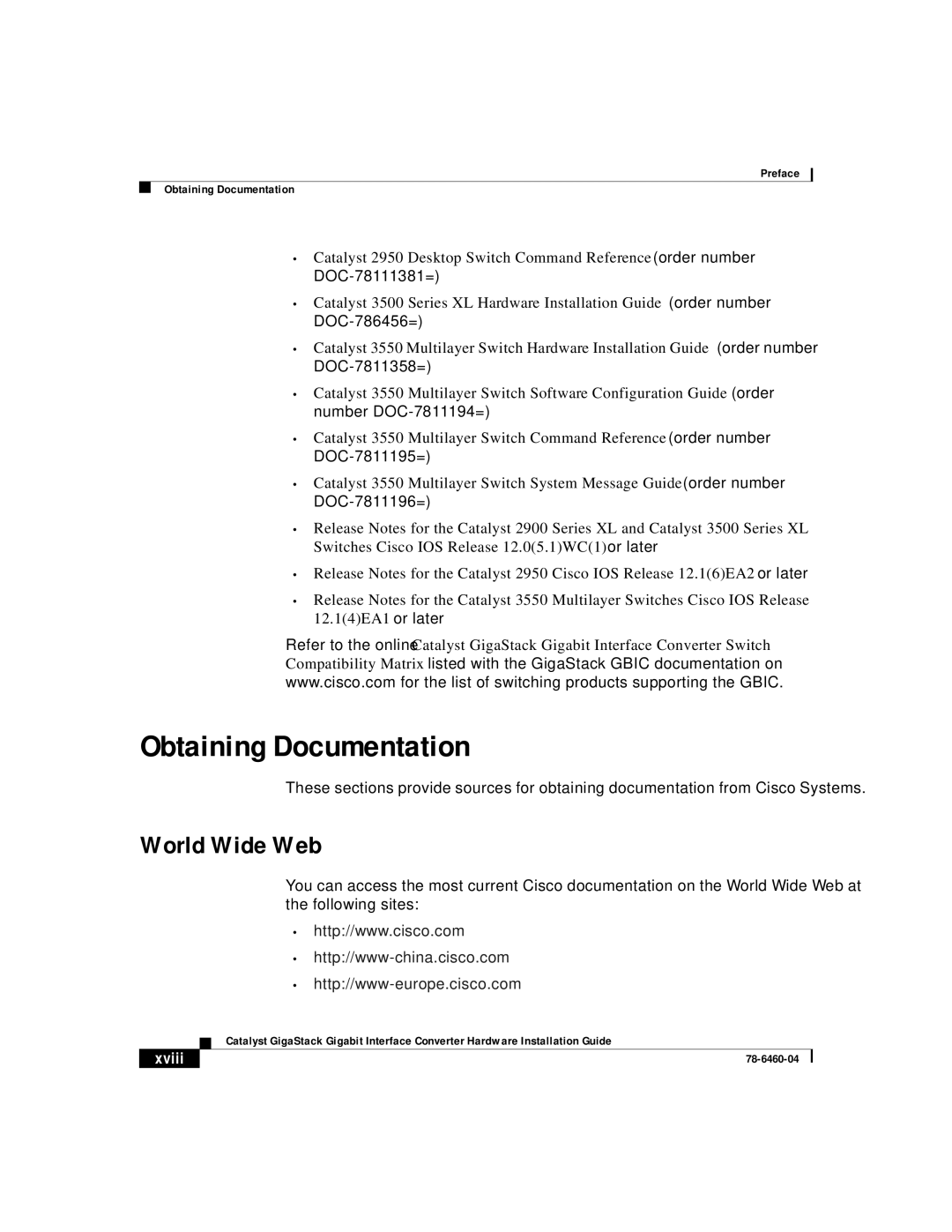 Cisco Systems WS-X3500-XL manual Obtaining Documentation, World Wide Web, Xviii 