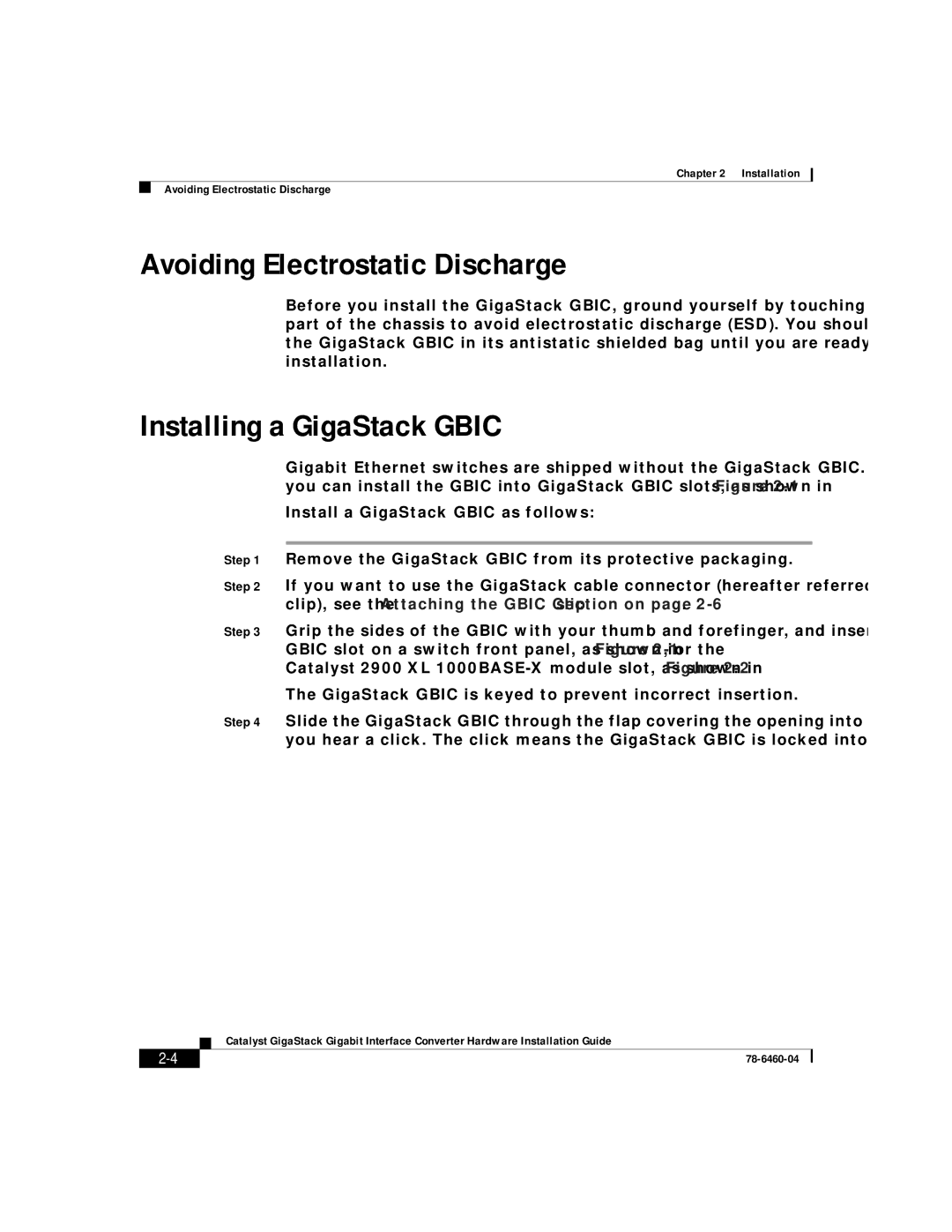 Cisco Systems WS-X3500-XL manual Avoiding Electrostatic Discharge, Installing a GigaStack Gbic 