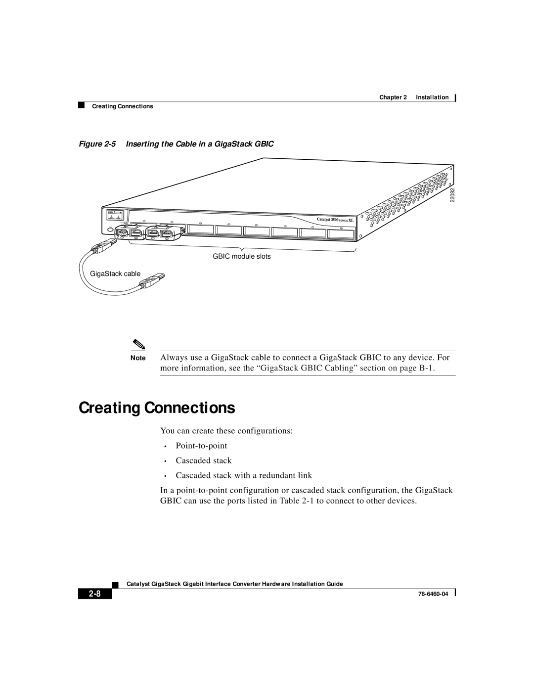 Cisco Systems WS-X3500-XL manual Creating Connections, Inserting the Cable in a GigaStack Gbic 