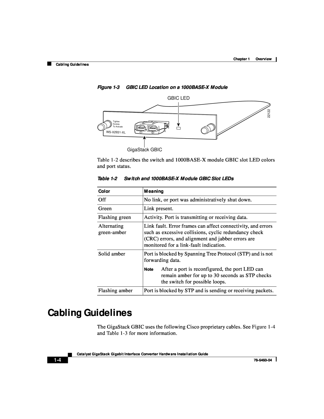 Cisco Systems WS-X3500-XL manual Cabling Guidelines, Color, Meaning, 3 GBIC LED Location on a 1000BASE-X Module 