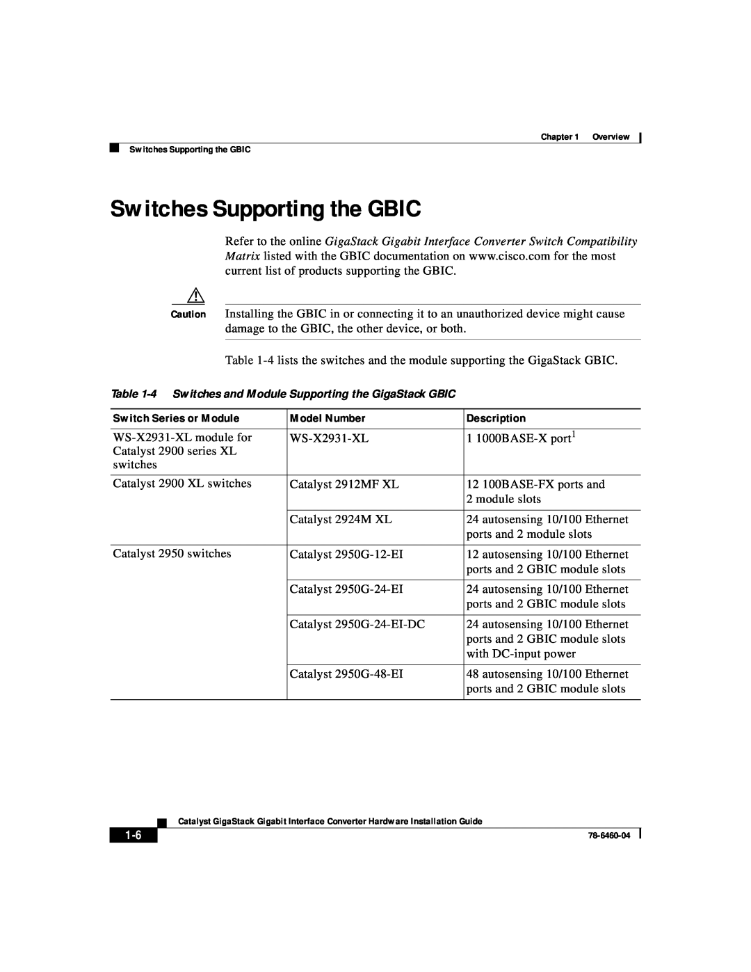 Cisco Systems WS-X3500-XL manual Switches Supporting the GBIC, Switch Series or Module, Model Number, Description 