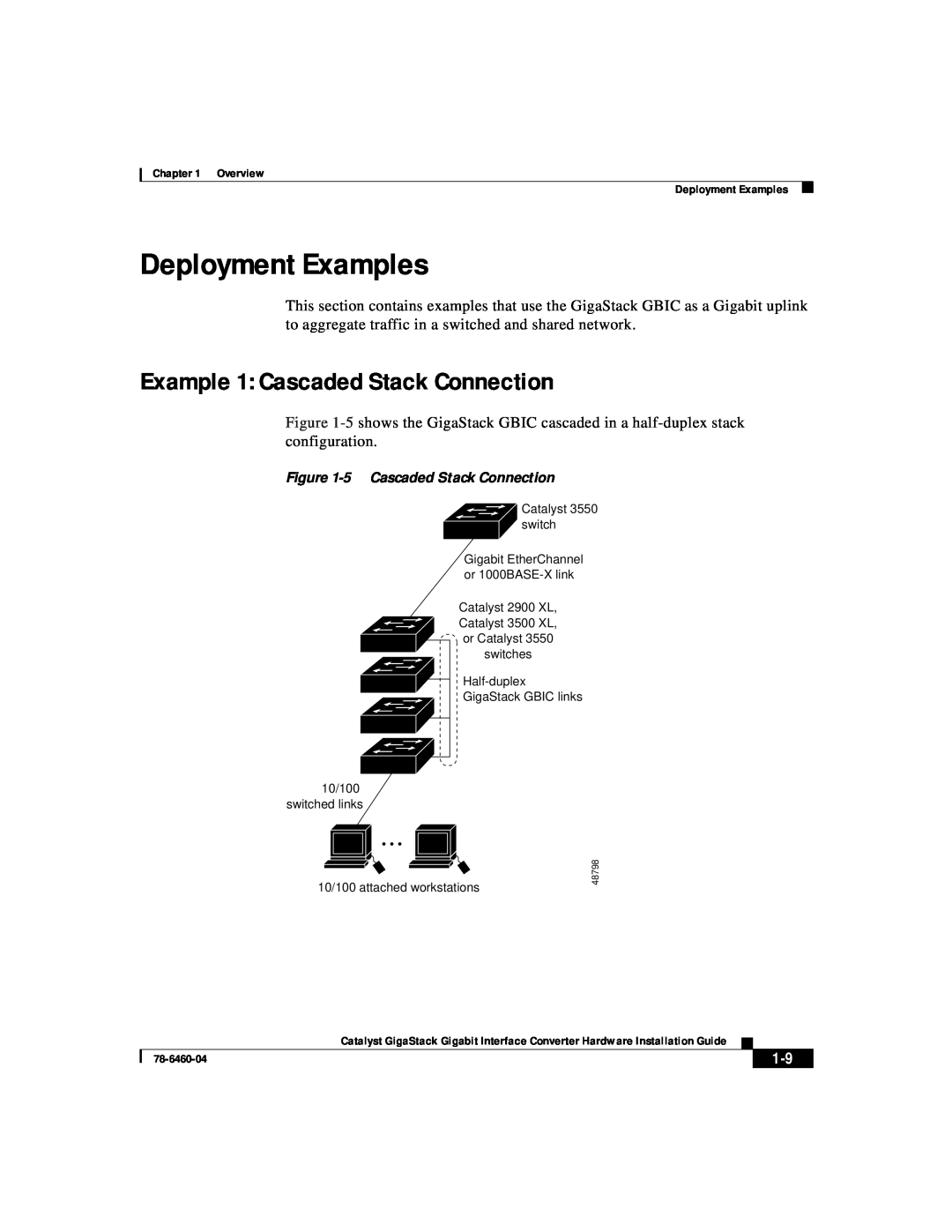 Cisco Systems WS-X3500-XL manual Deployment Examples, Example 1 Cascaded Stack Connection 