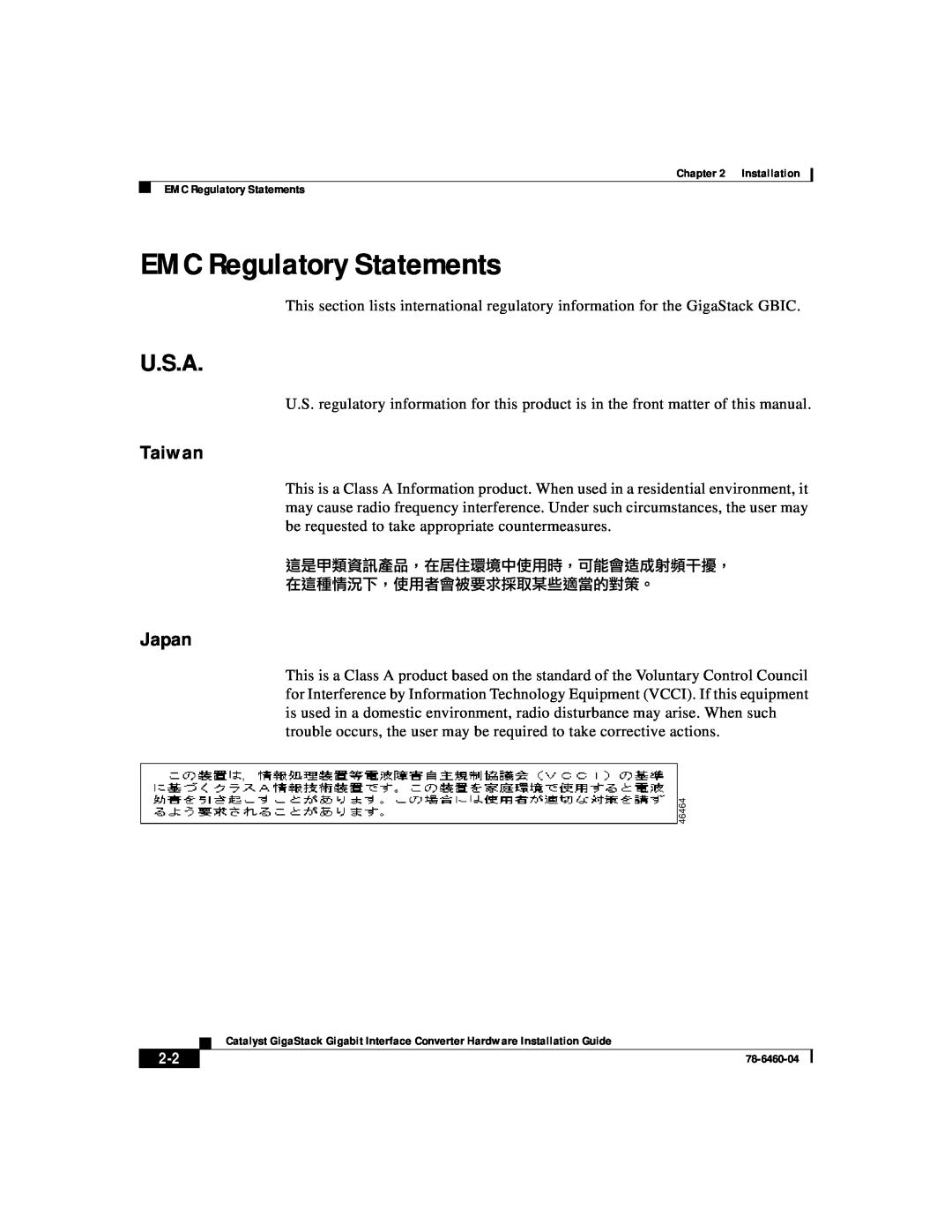 Cisco Systems WS-X3500-XL manual EMC Regulatory Statements, U.S.A, Taiwan, Japan 