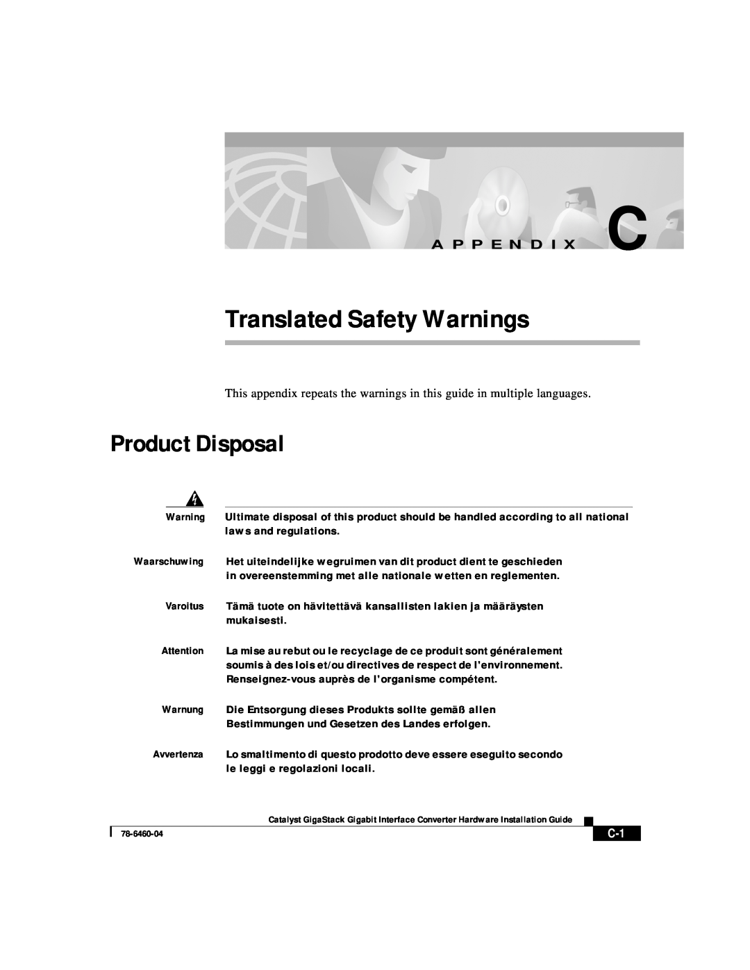 Cisco Systems WS-X3500-XL manual Translated Safety Warnings, Product Disposal, A P P E N D I X C 