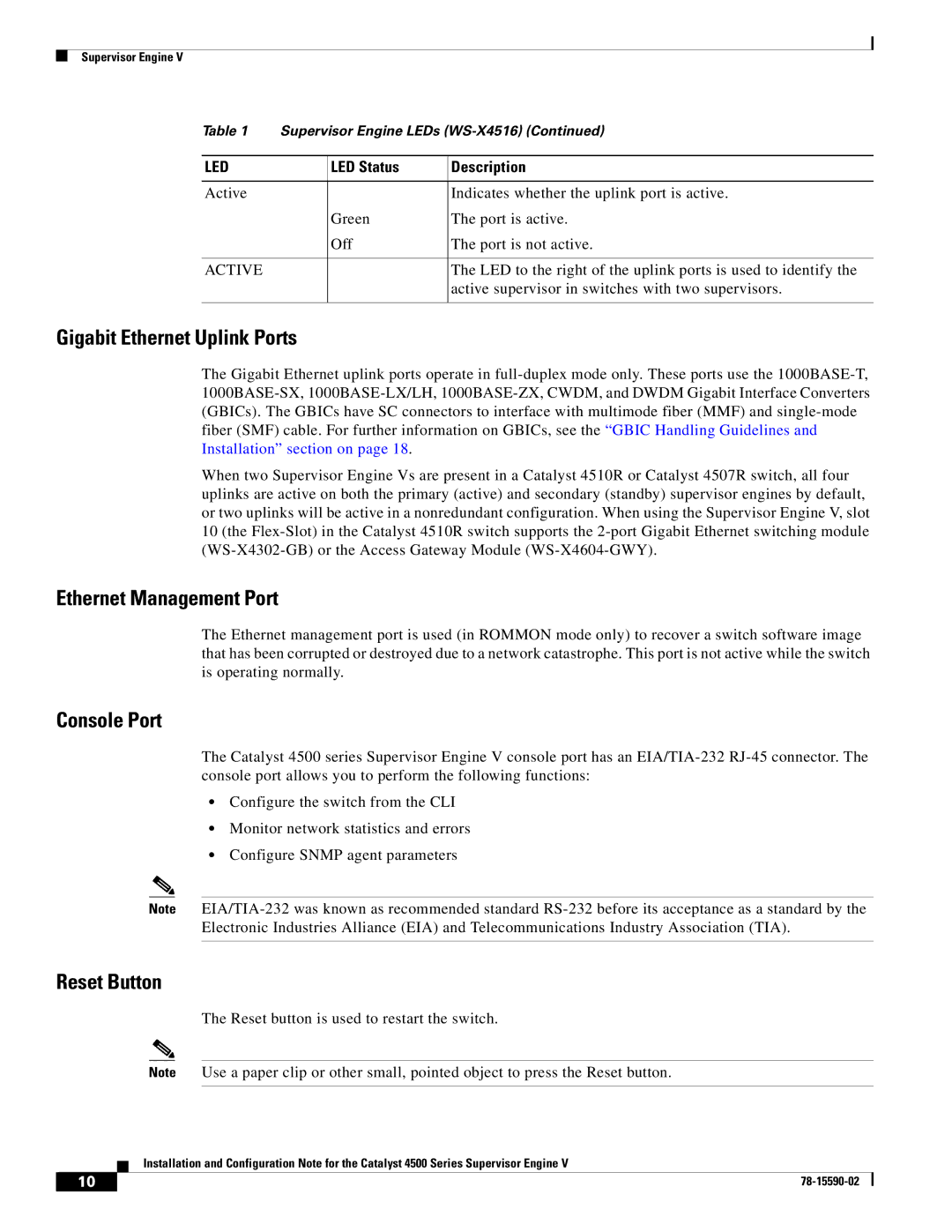 Cisco Systems WS-X4516 specifications Gigabit Ethernet Uplink Ports 