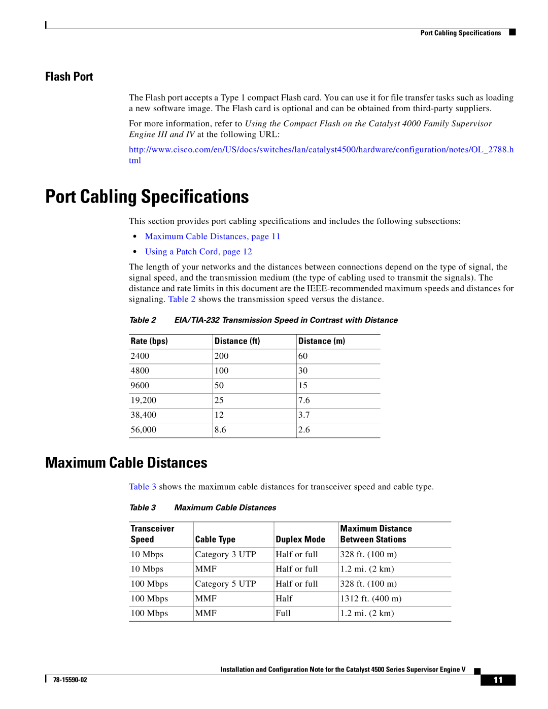 Cisco Systems WS-X4516 specifications Port Cabling Specifications, Maximum Cable Distances 