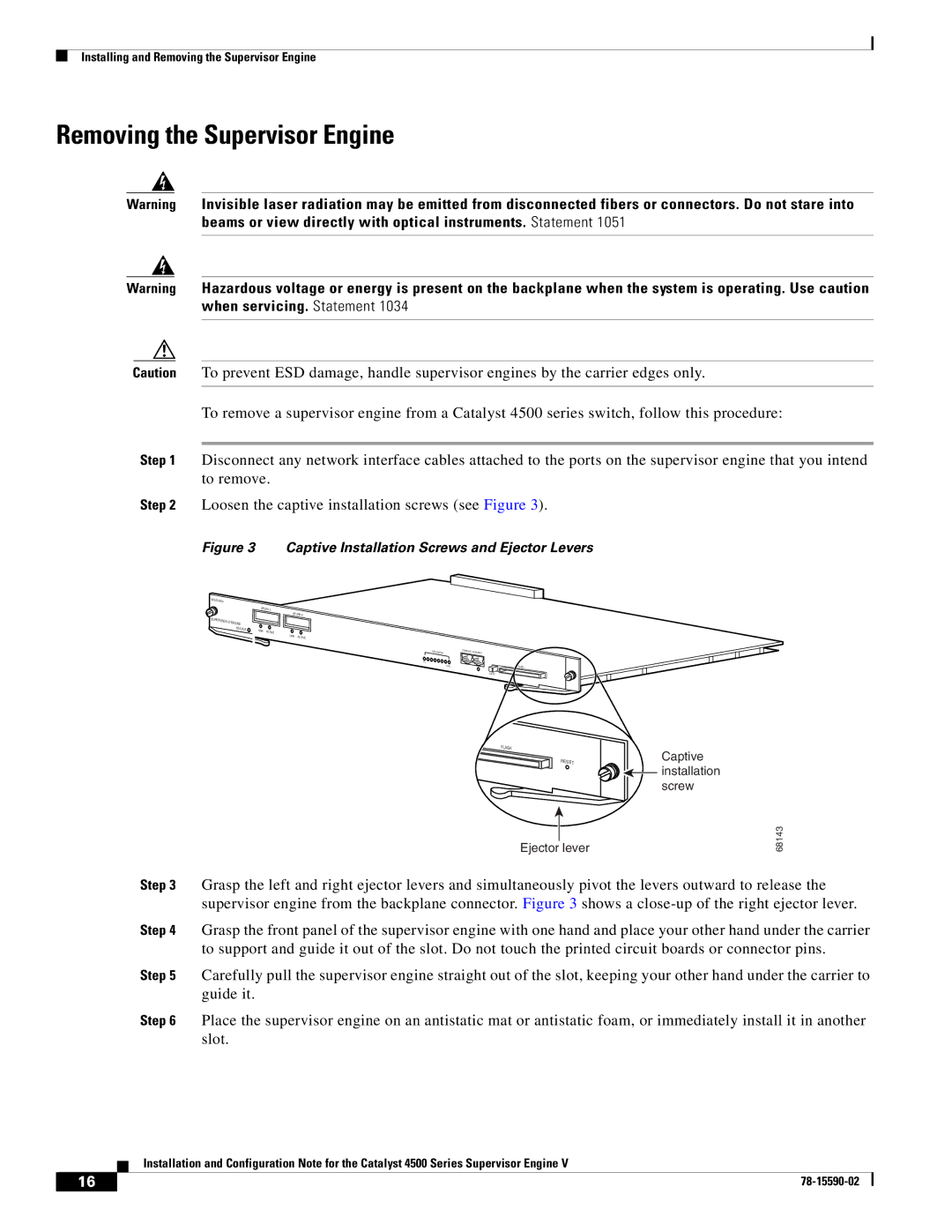 Cisco Systems WS-X4516 specifications Removing the Supervisor Engine, Captive Installation Screws and Ejector Levers 