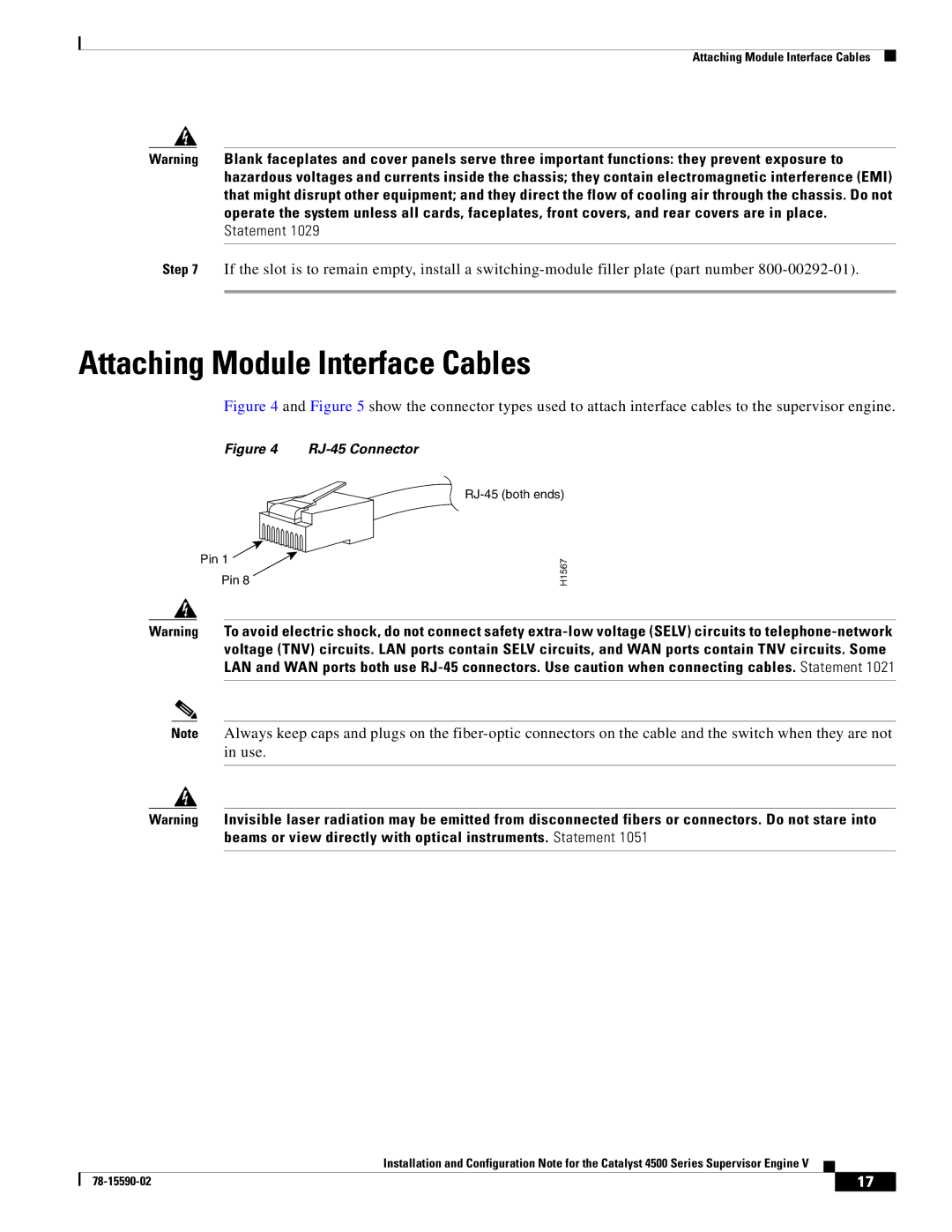 Cisco Systems WS-X4516 specifications Attaching Module Interface Cables, RJ-45 Connector 